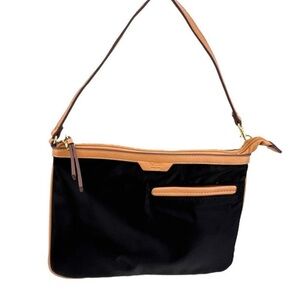 Tutilo New York black nylon crossbody bag with tan leather trim